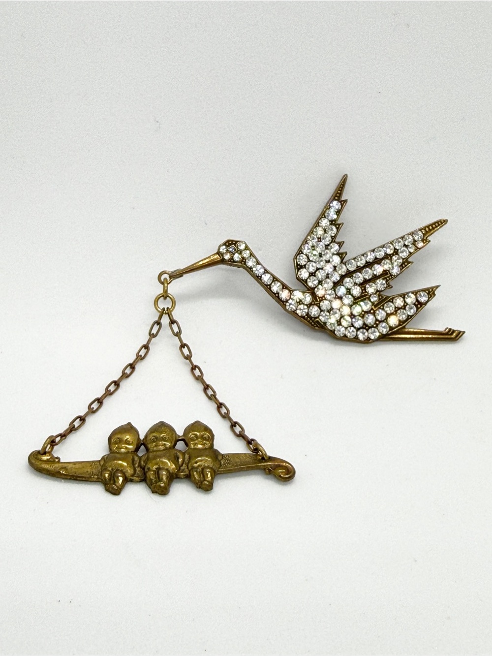 Vintage Top Shelf Stork Delivering Triplets Rhinestone Brooch NOS Carded Pin